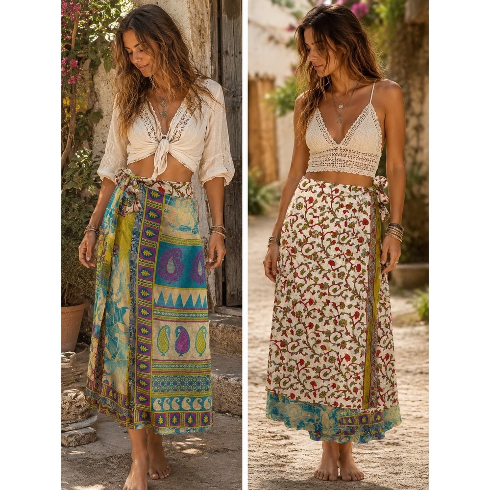 Reversible boho Silk Wrap Skirt Womens OS Turquoise Gold Floral  Maxi